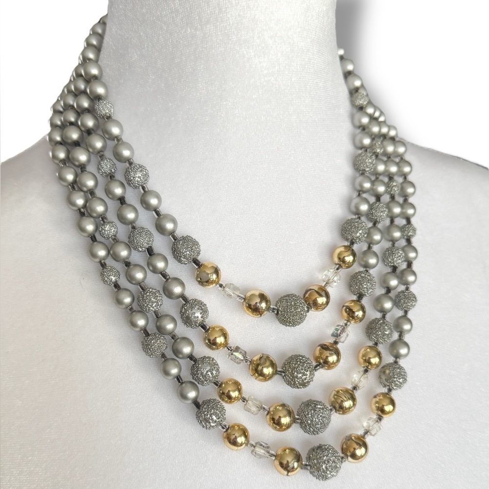 Vintage 1950s Japan Necklace • 4-Strand Beaded Choker • Faux Pearl • Sugar Beads